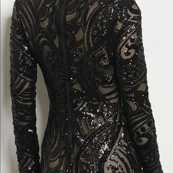 BLACK MOCK NECK LINED SEQUINS DRESS - Picture 4 of 7